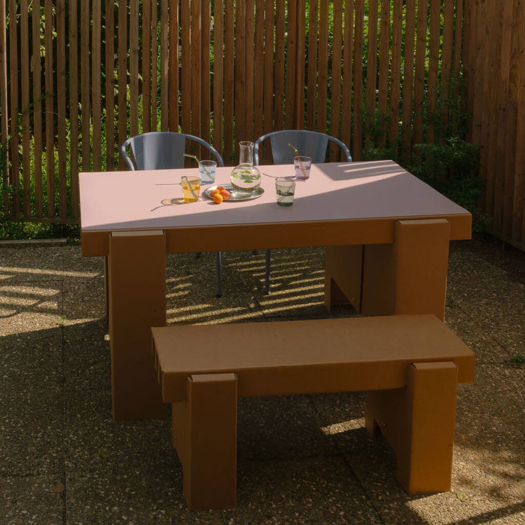 RIAB sustainable cardboard GRID bench with dining table on terrace
