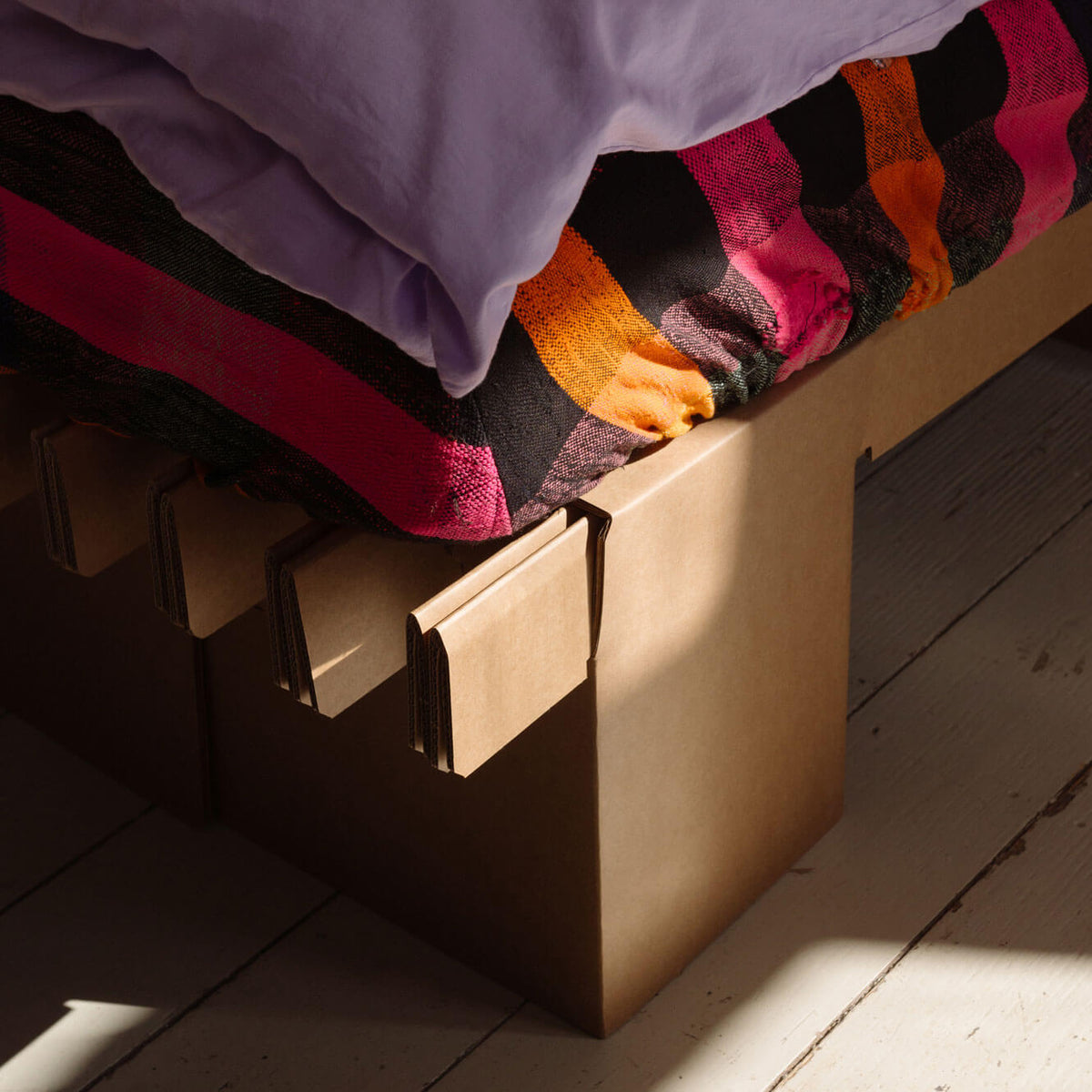 ROOM IN A BOX grid storage bed natural with colourful bed linen