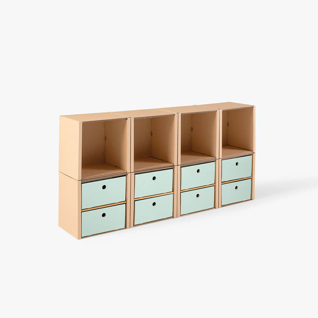 ROOM IN A BOX modular shelving system shelf 2x4 with 4 double drawers sage