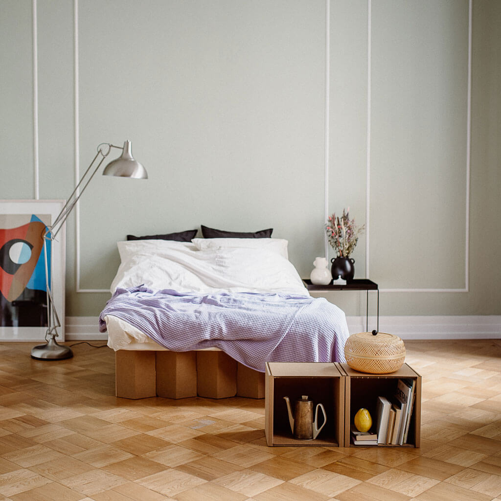 ROOM IN A BOX modular shelving system in bedroom lowboard