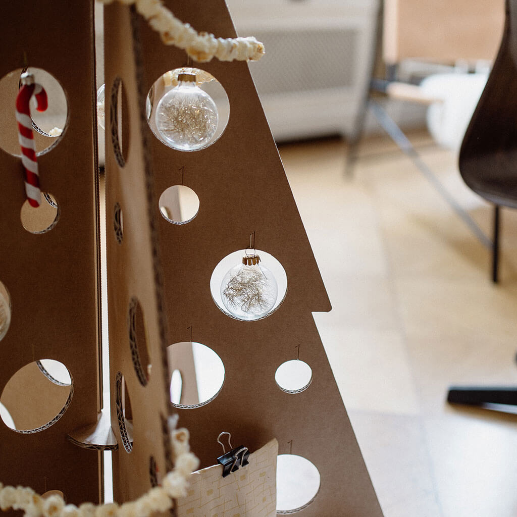 ROOM IN A BOX - Zero Waste Christmas Tree made from sustainable cardboard decorated close up
